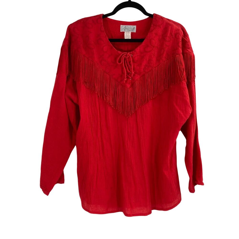Vintage Lilia Smitty Red Fringe Western Long Sleeve Embroidered Top Women’s XL